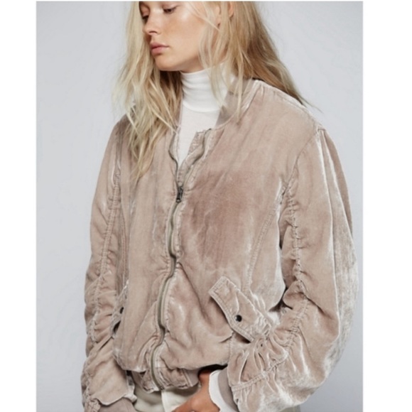 Free People Ruched Velvet Neutral Bomber Jacket. - Picture 1 of 14